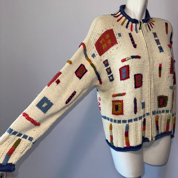 Vtg Y2k Icelandic Design Colorful Knit Cardigan Sweater Cotton Zipper Sz Medium - Picture 2 of 8
